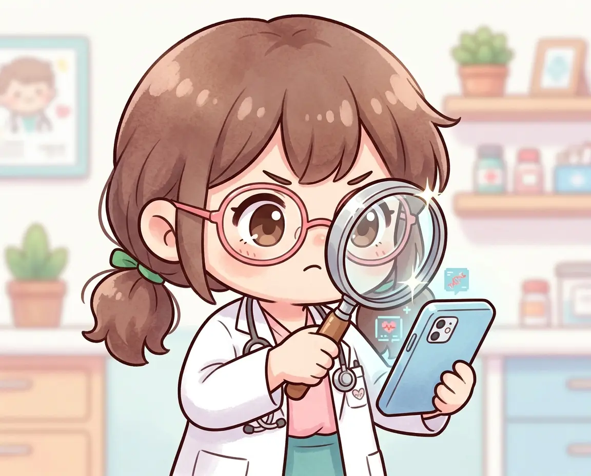 돋보기로 스마트폰 화면을 진단하는 캐릭터